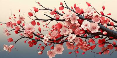 ai gegenereerd. ai generatief. wijnoogst retro traditioneel Japans Aziatisch landschap achtergrond. kers bloesem sakura boom bloem berg en buitenshuis natuur minimaal grafisch kunst. grafisch kunst foto