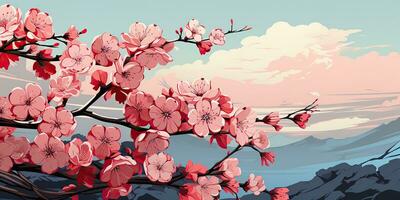 ai gegenereerd. ai generatief. wijnoogst retro traditioneel Japans Aziatisch landschap achtergrond. kers bloesem sakura boom bloem berg en buitenshuis natuur minimaal grafisch kunst. grafisch kunst foto