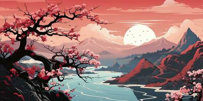 ai gegenereerd. ai generatief. wijnoogst retro traditioneel Japans Aziatisch landschap achtergrond. kers bloesem sakura boom bloem berg en buitenshuis natuur minimaal grafisch kunst. grafisch kunst foto