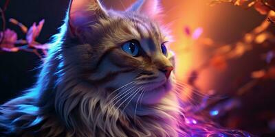 ai gegenereerd. ai generatief. kat zittend dichtbij naar neon gloeiend licht. portret huisdier dier gezicht cyberpunk neon stijl. grafisch kunst foto