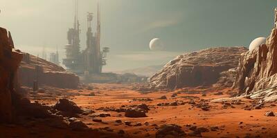 ai gegenereerd. ai generatief. Mars planeet heelal oppervlakte landschap woestijn berg buitenshuis landschap. grafisch kunst foto