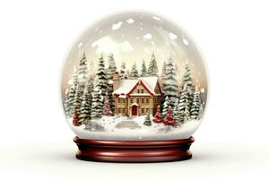 Kerstmis sneeuw wereldbol met peperkoek huis binnen Aan wit achtergrond. ai gegenereerd foto