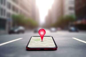 punt Aan smartphone met GPS navigator icoon en kaart Aan blured achtergrond. generatief ai foto