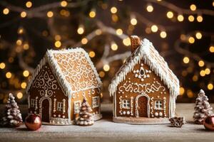 peperkoek huizen in sneeuw met Kerstmis decoratie. ai gegenereerd foto