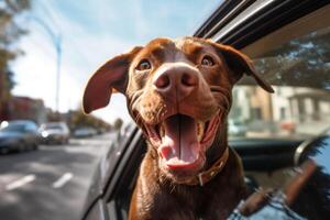 gelukkig hond met hoofd uit van de auto venster hebben plezier. generatief ai foto