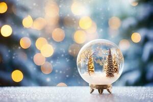 sneeuw wereldbol sprankelend in wazig Kerstmis achtergrond. ai gegenereerd foto