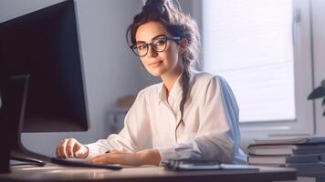 ai generatief portret van zelfverzekerd jong Kaukasisch vrouw dokter in wit medisch uniform zitten Bij bureau werken Aan computer glimlachen vrouw gp of arts in bril gebruik laptop schrijven in medisch jo foto