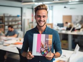 ai generatief portret van gewoontjes glimlachen Kaukasisch mannetje arbeider lachend op zoek Bij camera positief werknemer poseren voor bedrijf bedrijf catalogus met collega's Bij achtergrond hebben foto schieten