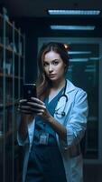 ai generatief jong vrouw arts gebruik makend van mobiel gezondheidszorg tech app overleg plegen afgelegen geduldig online in telegeneeskunde software vrouw dokter therapeut Holding slim telefoon sms'en bericht voor graven foto