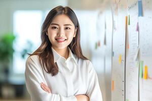 ai generatief jong glimlachen Aziatisch bedrijf vrouw mentor leider schrijven taken creatief ideeën Aan kleverig post het aantekeningen Aan glas muur Vietnamees vrouw trainer planning project zakelijke beheer Aan s foto