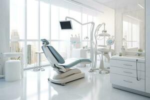 wit interieur van kamer met medisch uitrusting in tandheelkundig kliniek. stomatologie kastje. generatief ai foto