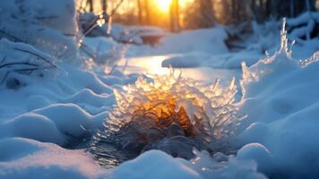ai generatief knobbeltjes van sneeuw in de stralen van zonsondergang detailopname sneeuw achtergrond foto