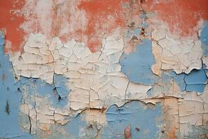 ai generatief de beton muur is instortend scheuren in de muur vlekken van gekleurde verf Aan een oud muur foto