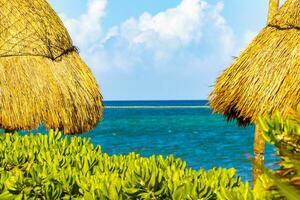 palapa rieten daken palmen parasols zon ligstoelen strand toevlucht Mexico. foto