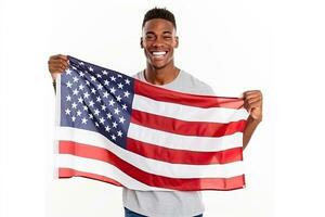 portret Mens Holding Amerikaans vlag gemaakt met generatief ai foto