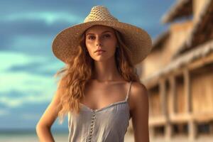 portret mooi vrouw Aan de strand met licht blootstelling gemaakt met generatief ai foto