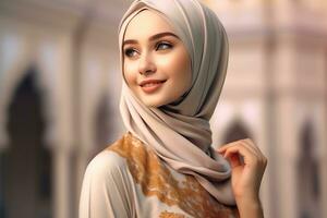 portret mooi vrouw vervelend hijab met licht blootstelling gemaakt met generatief ai foto