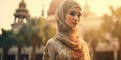 portret mooi vrouw vervelend hijab met licht blootstelling gemaakt met generatief ai foto