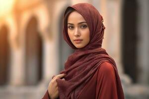 portret mooi vrouw vervelend hijab met licht blootstelling gemaakt met generatief ai foto