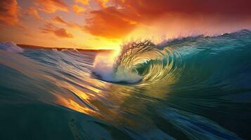 gekleurde golven tegen een zonsondergang achtergrond gemaakt met generatief ai foto