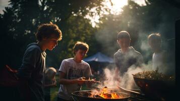 jong familie is grillen Bij de barbecue foto