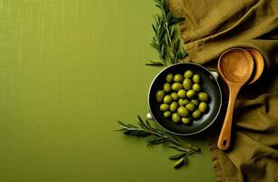 wit houten tafel gedekt met groen tafelkleed en Koken gebruiksvoorwerpen. visie van top. leeg tafelkleed voor Product montage. vrij ruimte voor uw tekst. gemaakt met generatief ai technologie. foto