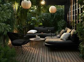 modern lounge buitenshuis in achtertuin. buitenkant veranda van huis met zwart acapulco fauteuils en planten potten. knus ruimte in patio of balkon met guirlande. gemaakt met generatief ai technologie. foto