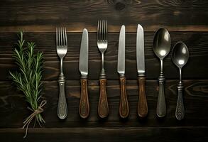 rustiek wijnoogst reeks van bestek mes, lepel, vork. zwart achtergrond. top visie. gemaakt met generatief ai technologie. foto