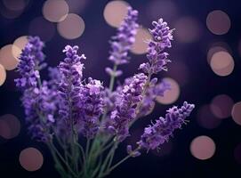 detailopname van lavendel bloemen, zacht focus Aan zwart achtergrond. gemaakt met generatief ai technologie. foto