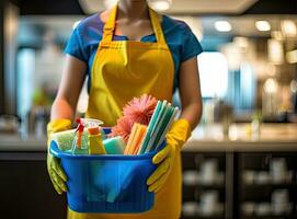 schoonmaak dame Holding een emmer van schoonmaak producten in haar handen Aan een wazig achtergrond. gemaakt met generatief ai technologie. foto