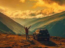 jong mensen zittend Aan top van een suv Aan top van een berg genieten van de landschap. gemaakt gebruik makend van generatief ai technologie. foto