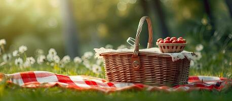 geruit picknick dekbed met leeg mand Aan de bloeiende weide. gemaakt met generatief ai technologie. foto