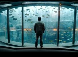 Mens aan het kijken onderwater- wereld door ronde venster in aquarium gemaakt met generatief ai technologie. foto