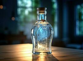water van kruik gieten in glas Aan houten tafel buitenshuis. gemaakt met generatief ai technologie. foto