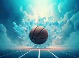 straat basketbal bal vallend in de hoepel. dichtbij omhoog van oranje bal bovenstaand de hoepel netto met blauw lucht in de achtergrond. gemaakt met generatief ai technologie. foto