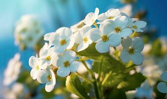 kers bloesems Aan de achtergrond van de voorjaar lucht. fruit boom bloemen behang. voor banier, ansichtkaart, boek illustratie. gemaakt met generatief ai gereedschap foto