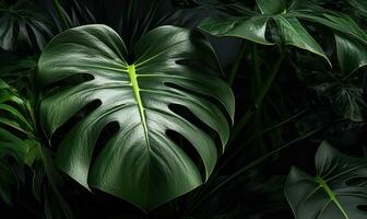 monstera blad behang. tropisch gebladerte achtergrond. natuurlijk getextureerd. voor ansichtkaart, illustratie, kaart. gemaakt met generatief ai gereedschap foto