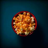 popcorn in een rood kom Aan een blauw achtergrond top visie foto