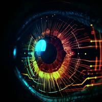 futuristische oog met gloeiend iris. 3d illustratie. foto