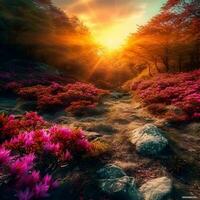 zonsondergang in de Woud. landschap met kleurrijk bloemen. digitaal schilderen. foto