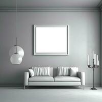 interieur van modern leven kamer met wit sofa en blanco poster Aan muur foto