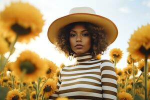 mooi vrouw in een rietje hoed staand in een zonnebloem veld- foto