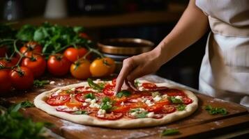 vrouw is Koken Italiaans pizza foto