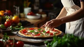 vrouw is Koken Italiaans pizza foto