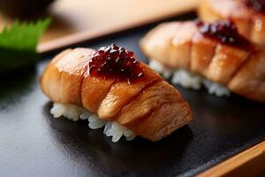 detailopname top visie van ingrediënten foie gras nigiri, Japans voedsel. ai gegenereerd. foto