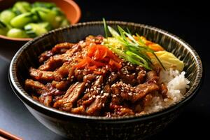 detailopname top visie van ingrediënten vlees gegrild, varkensvlees, kip en rijst, Japans voedsel. ai gegenereerd. foto