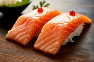 sushi met Zalm Aan de bord, Japans voedsel. ai gegenereerd., Japans voedsel. ai gegenereerd. foto