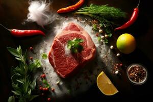 detailopname top visie van ingrediënten oog van ronde steak Aan een tafel. ai gegenereerd. foto
