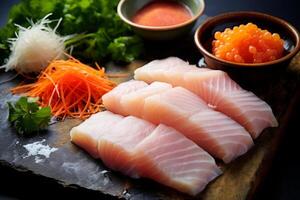 detailopname top visie van ingrediënten engawa nigiri, Japans voedsel. ai gegenereerd. foto