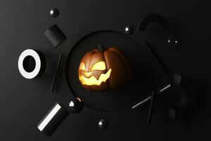gelukkig halloween promotionele banier voor partij uitnodiging achtergrond met halloween pompoenen gloeiend in de donker klaar naar plaats de Product meetkundig vorm Aan een donker zwart achtergrond. 3d renderen foto